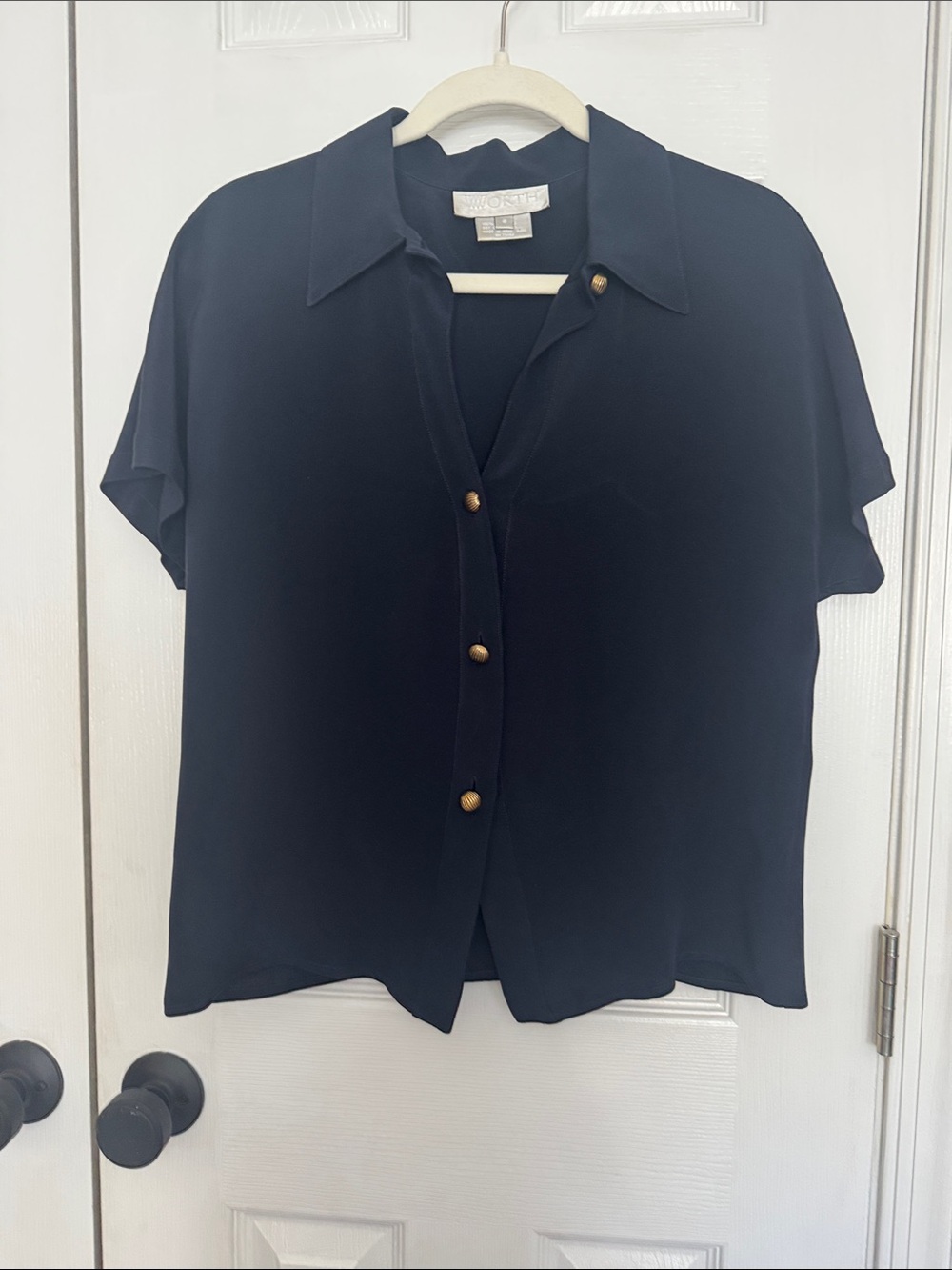 Worth Blue Short-Sleeve Gold Button Front Blouse Womens Sz 8 Pure Silk